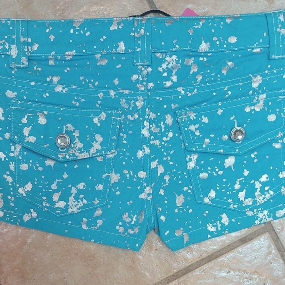 Drama Twen Turquoise Metallic-Splatter Denim Shorts - Picture 4 of 7